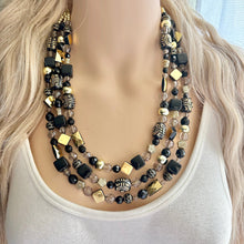 Load image into Gallery viewer, Black &amp; Gold Necklace OOAK multi strand jewelry, bib beaded chunky statement necklace, bridesmaid metallic resin gray glitter neutral