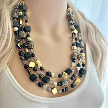 Load image into Gallery viewer, Black &amp; Gold Necklace OOAK multi strand jewelry, bib beaded chunky statement necklace, bridesmaid metallic resin gray glitter neutral