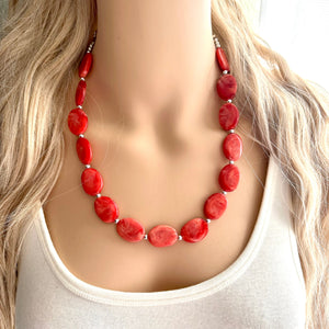 Tropical Paradise single Strand statement necklace, big beaded chunky jewelry, Coral Bib Jewelry silver beaded pink