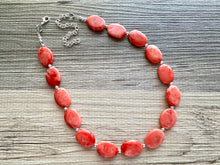 Load image into Gallery viewer, Tropical Paradise single Strand statement necklace, big beaded chunky jewelry, Coral Bib Jewelry silver beaded pink