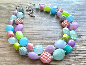 Easter Glam Necklace, pastel multi strand colorful jewelry, big beaded chunky statement set necklace bubble yellow white pink blue purple