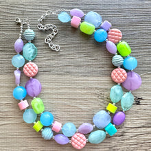Load image into Gallery viewer, Easter Glam Necklace, pastel multi strand colorful jewelry, big beaded chunky statement set necklace bubble yellow white pink blue purple