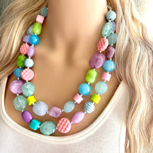 Load image into Gallery viewer, Easter Glam Necklace, pastel multi strand colorful jewelry, big beaded chunky statement set necklace bubble yellow white pink blue purple
