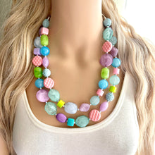 Load image into Gallery viewer, Easter Glam Necklace, pastel multi strand colorful jewelry, big beaded chunky statement set necklace bubble yellow white pink blue purple