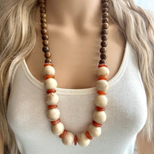 Load image into Gallery viewer, Vintage Wood Beaded long necklace, tan shiny beaded statement necklace, everyday resin layering single strand brown red champagne