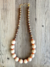 Load image into Gallery viewer, Vintage Wood Beaded long necklace, tan shiny beaded statement necklace, everyday resin layering single strand brown red champagne