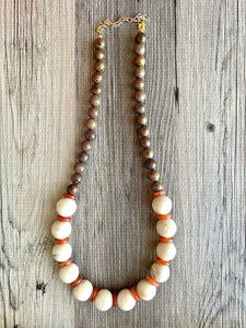 Vintage Wood Beaded long necklace, tan shiny beaded statement necklace, everyday resin layering single strand brown red champagne