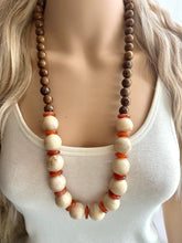 Load image into Gallery viewer, Vintage Wood Beaded long necklace, tan shiny beaded statement necklace, everyday resin layering single strand brown red champagne