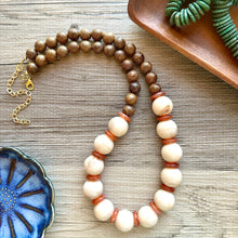 Load image into Gallery viewer, Vintage Wood Beaded long necklace, tan shiny beaded statement necklace, everyday resin layering single strand brown red champagne