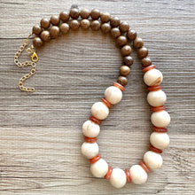 Load image into Gallery viewer, Vintage Wood Beaded long necklace, tan shiny beaded statement necklace, everyday resin layering single strand brown red champagne