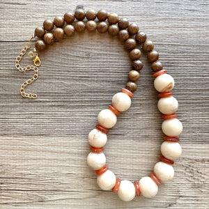 Vintage Wood Beaded long necklace, tan shiny beaded statement necklace, everyday resin layering single strand brown red champagne