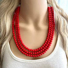 Load image into Gallery viewer, Strawberry Red 3 Strand statement necklace, cherry red big beaded chunky jewelry, fall statement ball beaded bubble earrings Christmas