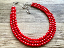 Load image into Gallery viewer, Strawberry Red 3 Strand statement necklace, cherry red big beaded chunky jewelry, fall statement ball beaded bubble earrings Christmas