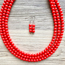 Load image into Gallery viewer, Strawberry Red 3 Strand statement necklace, cherry red big beaded chunky jewelry, fall statement ball beaded bubble earrings Christmas