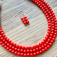 Load image into Gallery viewer, Strawberry Red 3 Strand statement necklace, cherry red big beaded chunky jewelry, fall statement ball beaded bubble earrings Christmas