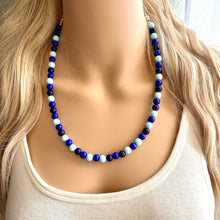 Load image into Gallery viewer, Ocean Floor Blue Necklace, single strand jewelry, ombre beaded chunky statement necklace, teal navy light blue necklace, bridesmaid wedding
