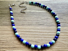 Load image into Gallery viewer, Ocean Floor Blue Necklace, single strand jewelry, ombre beaded chunky statement necklace, teal navy light blue necklace, bridesmaid wedding