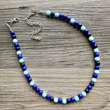 Load image into Gallery viewer, Ocean Floor Blue Necklace, single strand jewelry, ombre beaded chunky statement necklace, teal navy light blue necklace, bridesmaid wedding