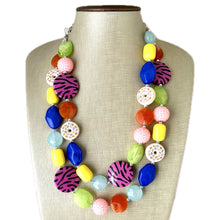 Load image into Gallery viewer, Donut Dreams Necklace, Rainbow 2 strand Chunky Statement, Orange blue green pink yellow jewelry bridesmaid bib wedding chunky bib beaded