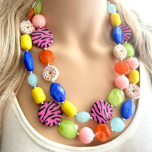 Load image into Gallery viewer, Donut Dreams Necklace, Rainbow 2 strand Chunky Statement, Orange blue green pink yellow jewelry bridesmaid bib wedding chunky bib beaded