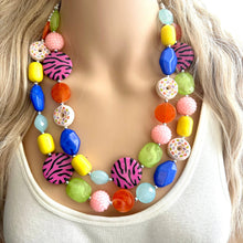 Load image into Gallery viewer, Donut Dreams Necklace, Rainbow 2 strand Chunky Statement, Orange blue green pink yellow jewelry bridesmaid bib wedding chunky bib beaded