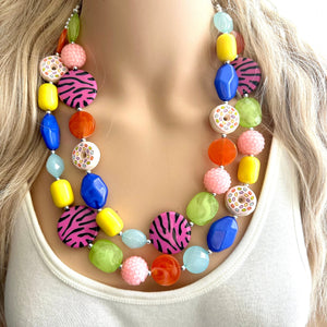 Donut Dreams Necklace, Rainbow 2 strand Chunky Statement, Orange blue green pink yellow jewelry bridesmaid bib wedding chunky bib beaded
