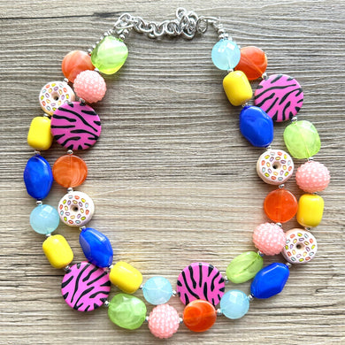 Donut Dreams Necklace, Rainbow 2 strand Chunky Statement, Orange blue green pink yellow jewelry bridesmaid bib wedding chunky bib beaded