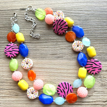 Load image into Gallery viewer, Donut Dreams Necklace, Rainbow 2 strand Chunky Statement, Orange blue green pink yellow jewelry bridesmaid bib wedding chunky bib beaded