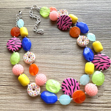 Load image into Gallery viewer, Donut Dreams Necklace, Rainbow 2 strand Chunky Statement, Orange blue green pink yellow jewelry bridesmaid bib wedding chunky bib beaded
