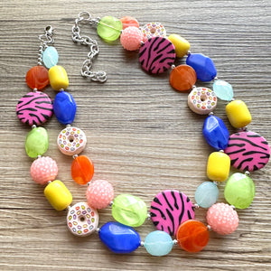 Donut Dreams Necklace, Rainbow 2 strand Chunky Statement, Orange blue green pink yellow jewelry bridesmaid bib wedding chunky bib beaded