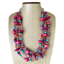Load image into Gallery viewer, Mardi Gras Statement Necklace, chunky bib beaded jewelry dark pink wood necklace, beaded acrylic vintage turquoise blue glitter coral purple