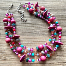 Load image into Gallery viewer, Mardi Gras Statement Necklace, chunky bib beaded jewelry dark pink wood necklace, beaded acrylic vintage turquoise blue glitter coral purple