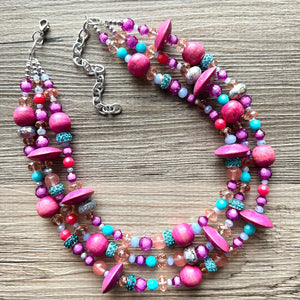 Mardi Gras Statement Necklace, chunky bib beaded jewelry dark pink wood necklace, beaded acrylic vintage turquoise blue glitter coral purple
