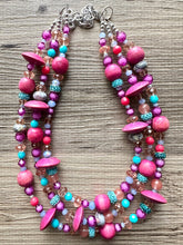 Load image into Gallery viewer, Mardi Gras Statement Necklace, chunky bib beaded jewelry dark pink wood necklace, beaded acrylic vintage turquoise blue glitter coral purple