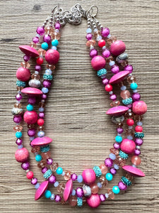 Mardi Gras Statement Necklace, chunky bib beaded jewelry dark pink wood necklace, beaded acrylic vintage turquoise blue glitter coral purple