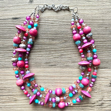 Load image into Gallery viewer, Mardi Gras Statement Necklace, chunky bib beaded jewelry dark pink wood necklace, beaded acrylic vintage turquoise blue glitter coral purple