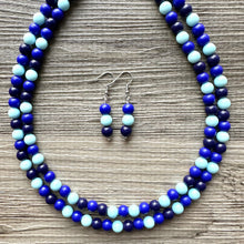 Load image into Gallery viewer, Ocean Floor Blue Necklace, double strand jewelry, ombre beaded chunky statement necklace, teal navy light blue necklace, bridesmaid wedding