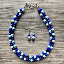 Load image into Gallery viewer, Ocean Floor Blue Necklace, double strand jewelry, ombre beaded chunky statement necklace, teal navy light blue necklace, bridesmaid wedding