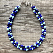 Load image into Gallery viewer, Ocean Floor Blue Necklace, double strand jewelry, ombre beaded chunky statement necklace, teal navy light blue necklace, bridesmaid wedding