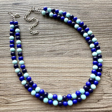 Load image into Gallery viewer, Ocean Floor Blue Necklace, double strand jewelry, ombre beaded chunky statement necklace, teal navy light blue necklace, bridesmaid wedding