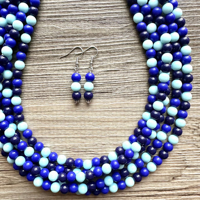 Ocean Floor Blue Necklace, 5 strand jewelry, ombre beaded chunky statement necklace, teal navy light blue necklace, bridesmaid wedding