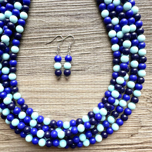 Ocean Floor Blue Necklace, 5 strand jewelry, ombre beaded chunky statement necklace, teal navy light blue necklace, bridesmaid wedding