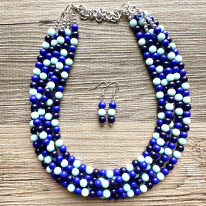 Ocean Floor Blue Necklace, 5 strand jewelry, ombre beaded chunky statement necklace, teal navy light blue necklace, bridesmaid wedding
