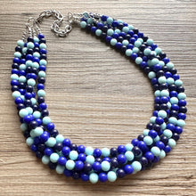 Load image into Gallery viewer, Ocean Floor Blue Necklace, 5 strand jewelry, ombre beaded chunky statement necklace, teal navy light blue necklace, bridesmaid wedding