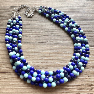 Ocean Floor Blue Necklace, 5 strand jewelry, ombre beaded chunky statement necklace, teal navy light blue necklace, bridesmaid wedding