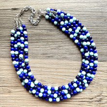 Load image into Gallery viewer, Ocean Floor Blue Necklace, 5 strand jewelry, ombre beaded chunky statement necklace, teal navy light blue necklace, bridesmaid wedding