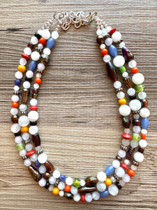 Vintage Rainbow Cloud Statement Necklace, rainbow glass striped extra Chunky Jewelry silver beads 3 strand colorful, art deco bib thick