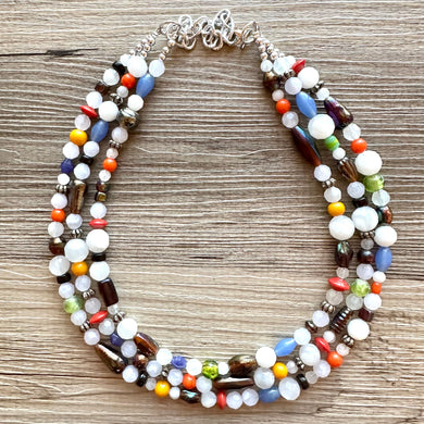 Vintage Rainbow Cloud Statement Necklace, rainbow glass striped extra Chunky Jewelry silver beads 3 strand colorful, art deco bib thick