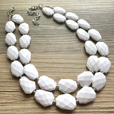 White Statement jewelry set, Chunky Beaded Necklace, white Jewelry, white Necklace, white beaded necklace, white and silver necklace, white