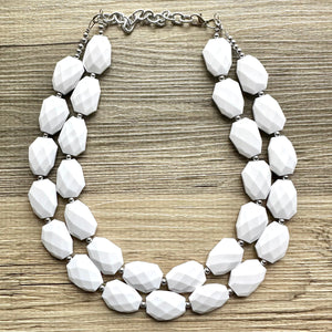 White Statement jewelry set, Chunky Beaded Necklace, white Jewelry, white Necklace, white beaded necklace, white and silver necklace, white
